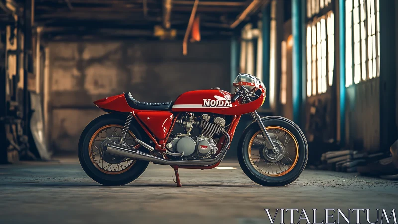 Scarlet caf&eacute; racer poised in moody sunlit warehouse hush.