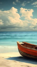 Gentle orange rowboat rests on a quiet turquoise shoreline