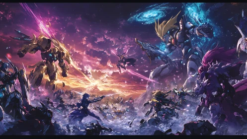 Starlit mecha warlords cleave dusk between galaxies.
