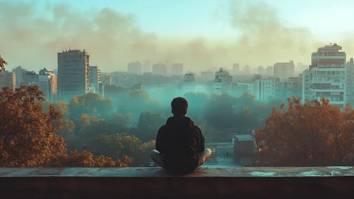 Solitary figure contemplates a misty city at sunrise