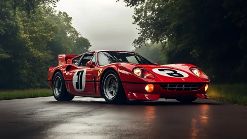 Vintage red race car waits on misty forest track at dusk