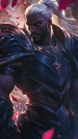 Armored male warrior stands in profile under directional light