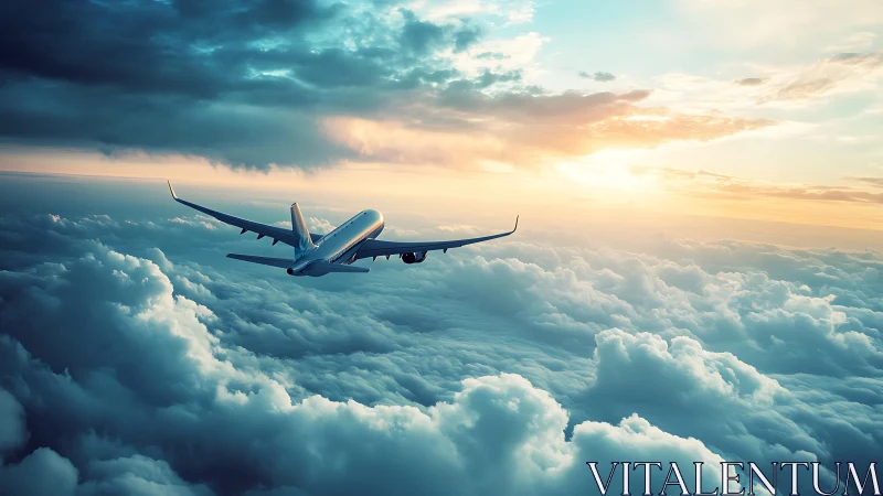 Passenger jet cruises above dense clouds toward sunset