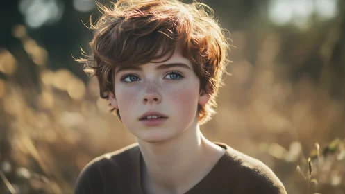 Young Boy with Reddish Hair Gazes Thoughtfully in Golden Light.
