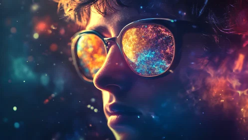 Cosmic colors reflected in glasses on a contemplative face.