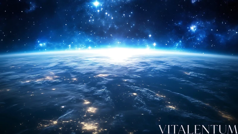 Gentle sunrise over Earth&rsquo;s curve beneath starry skies.