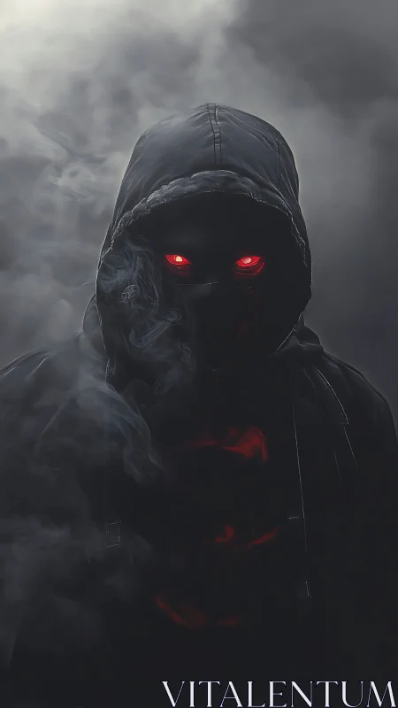 Hooded shadow figure with glowing red eyes in mist.