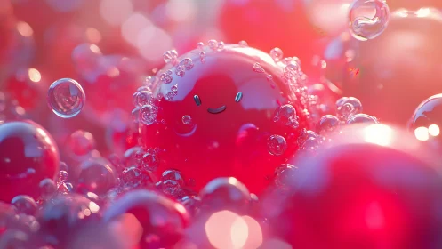 Smiling pink bubble character gleams amid glowing spheres.