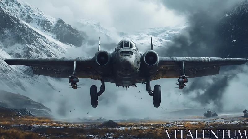 Photorealistic bomber plane over storm-lashed alpine valley.
