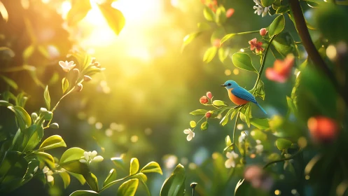 Backlit songbird rendered in shallow-depth floral bokeh field