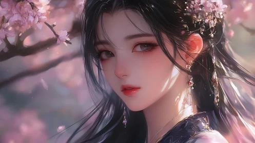 Elegant anime woman under soft pink cherry blossoms.