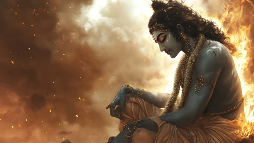 Blue-skinned meditative deity amid dynamic flame and smoke