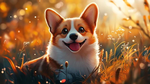 Corgi dog glows in golden backlit meadow at sunset
