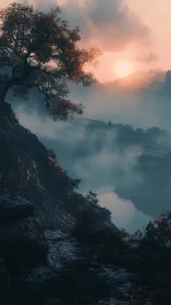 Atmospheric river gorge at dusk with volumetric fog rendering.