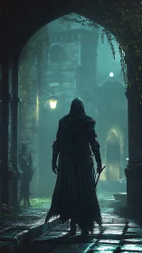 Hooded figure walks through damp medieval stone corridor