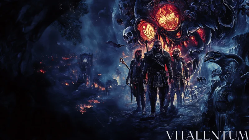 Warriors confront infernal skull over burning abyssal city.