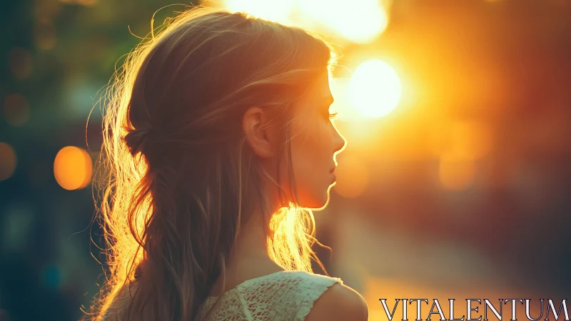Backlit profile of young woman in warm sunset glow.
