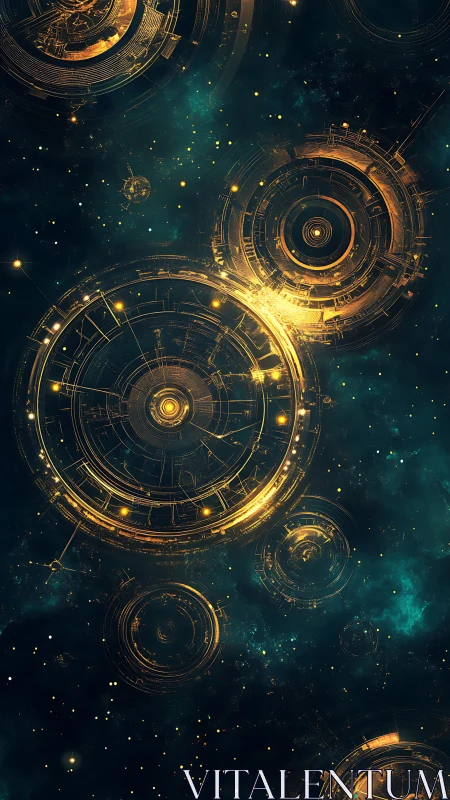 Golden star clocks gently turn across a tranquil cosmos