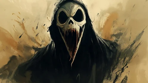 Hooded skeletal figure with gaping mouth emerges from darkness