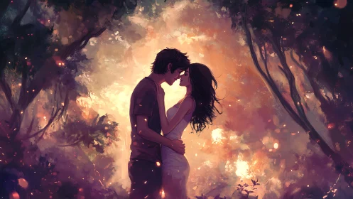 Ethereal Reunion: Two Figures Embrace Amid Luminous Forest Glow.