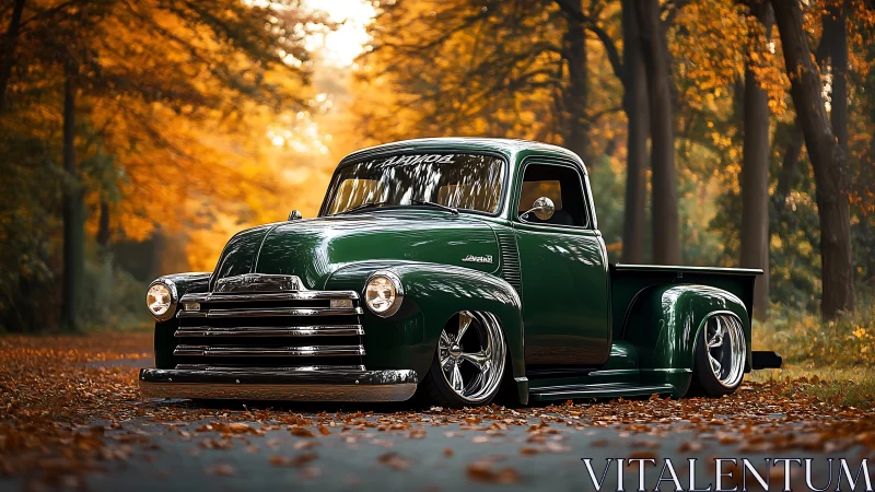 Lowered vintage green pickup truck in autumn forest road.