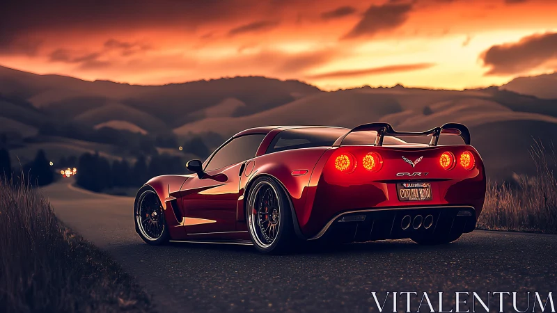 Low-slung red sports car prowls a sunset mountain highway