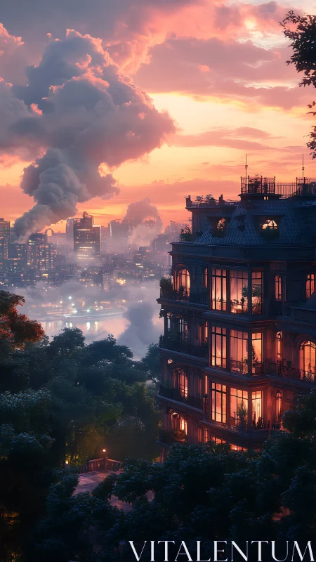 Sunset-lit riverside residence contrasts with misty modern skyline