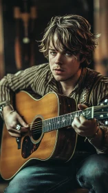 Softly lit guitarist lost in a quiet, soulful moment.