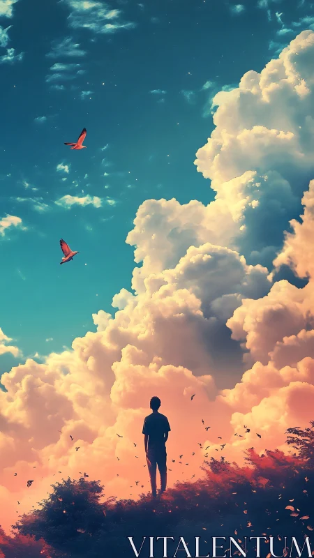 Figure stands below cumulonimbus clouds in saturated sky