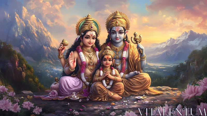 Divine Hindu family portrait in luminous mountain landscape.