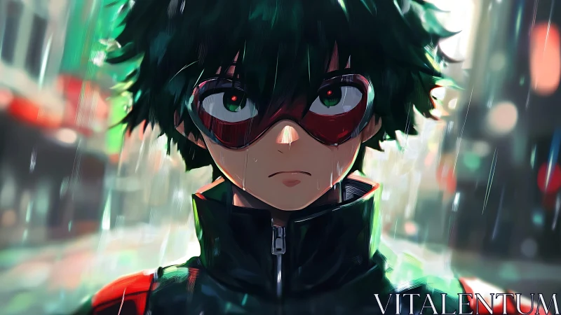 Rain-soaked masked teen hero under cinematic urban bokeh.