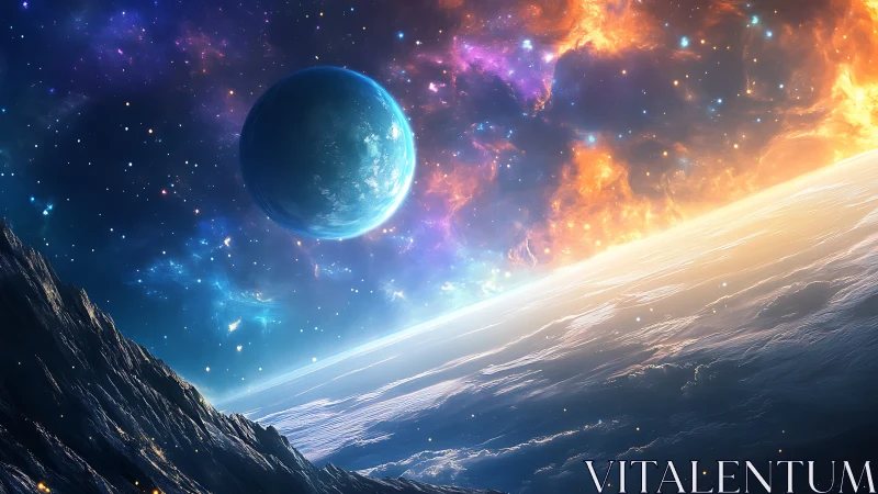 Alien ocean world curves beneath burning nebula sky.