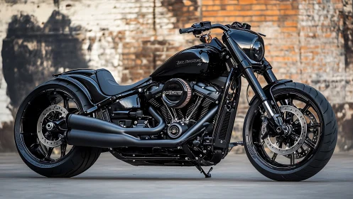 Custom black cruiser motorcycle against worn brick wall.