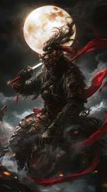 Mythic demon warrior under lunar backlight in storm clouds.