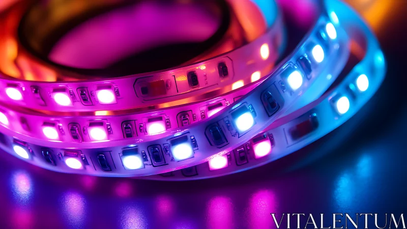 Multicolor LED light strips coiled on reflective surface.
