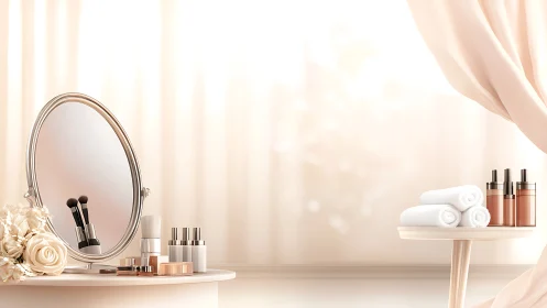 Vanity table with cosmetics, mirror and spa towels.