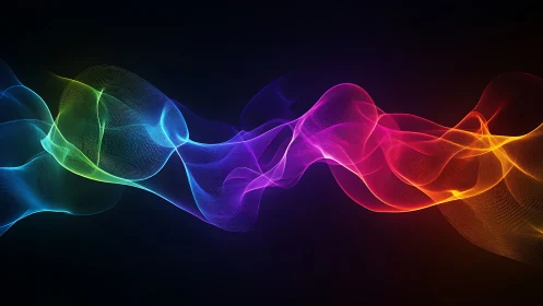 Digital painting of luminous multicolor waveform ribbons on black.