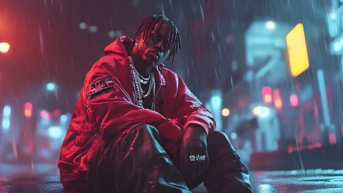 Neon rain portrait of streetwear figure in cinematic bokeh city.