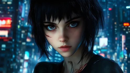 Cyberpunk girl portrait against neon city skyline at night.