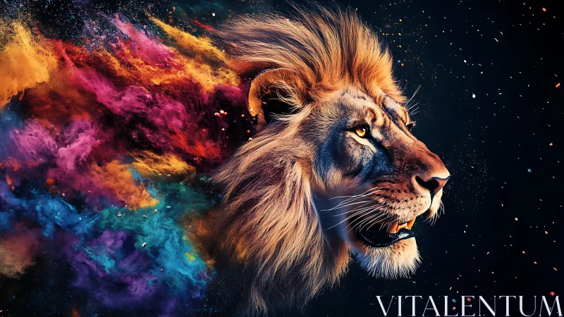 Regal lion emerging through prismatic cosmic color clouds.
