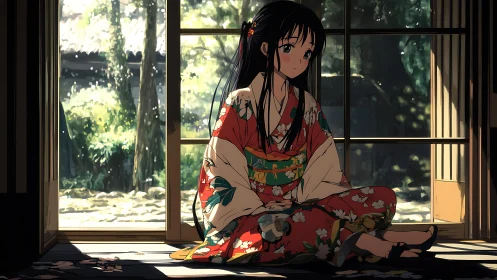 Quiet kimono daydream by a sunlit garden doorway window.