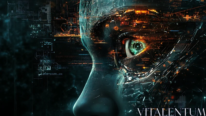 Neon circuitry dreams flicker behind a cybernetic human gaze