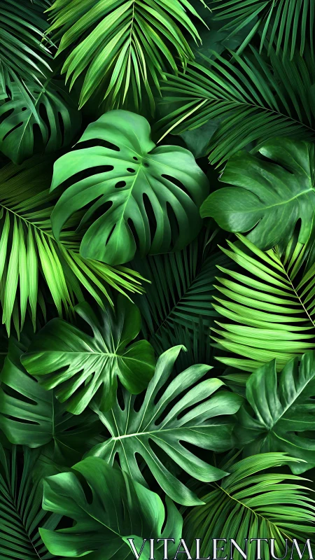 Overlapping tropical foliage with layered green leaves.