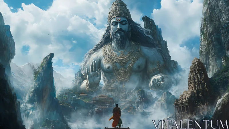 Colossal mountain deity dominates mist-laden temple valley