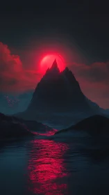 Volcanic monolith beneath luminous crimson eclipse horizon.