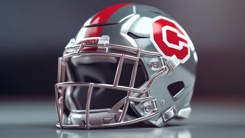 Chromed football helmet with red C logo and facemask detailing.