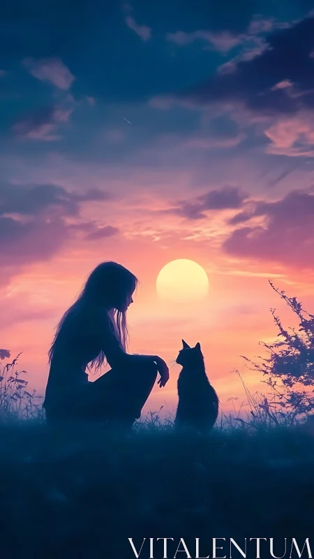 Girl and cat silhouettes under luminous sunset sky.