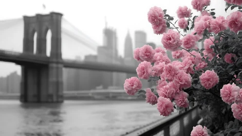 Pink Roses Frame Brooklyn Bridge in Monochrome