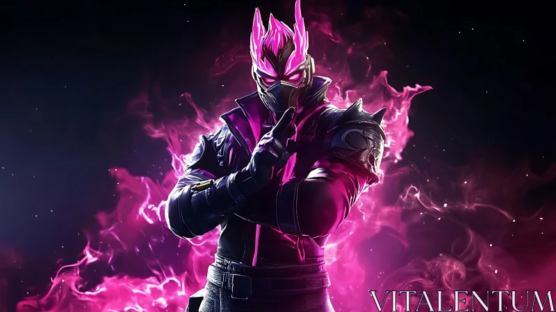 Neon armored warrior stands proud in swirling pink flames