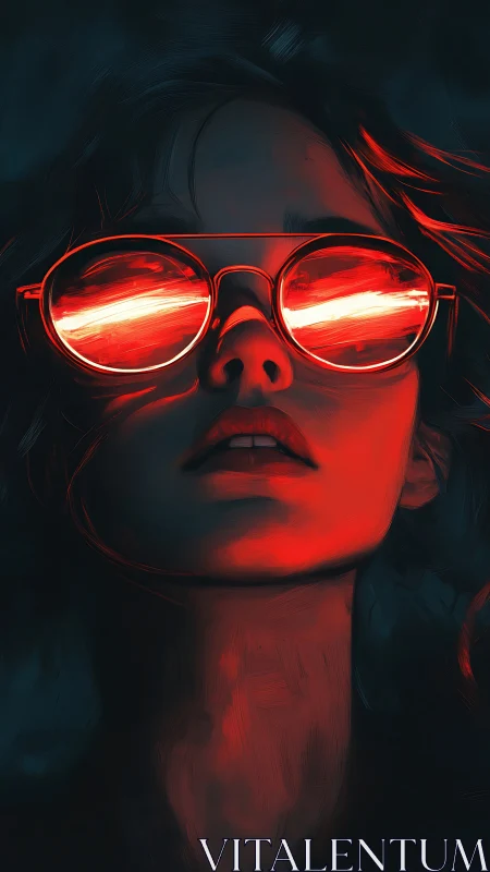 Neon-lit portrait shows reflective red visor glasses glow.